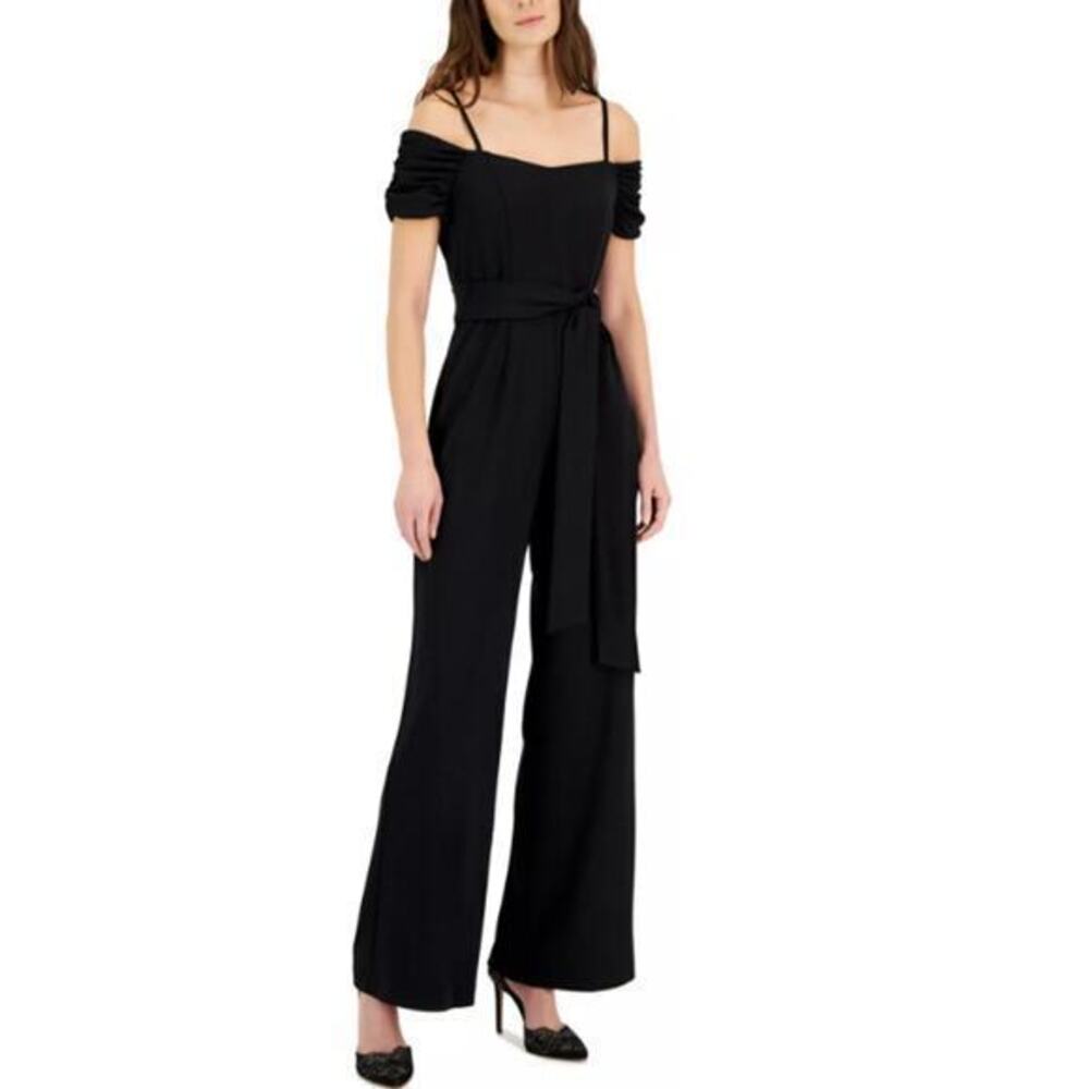 Tahari Asl Women's Black Off-The-Shoulder Wide-Leg Crepe One-Piece Jumpsuit Sz 2